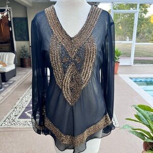 Chiffon Elegant Black and Gold Embellished Women's Top